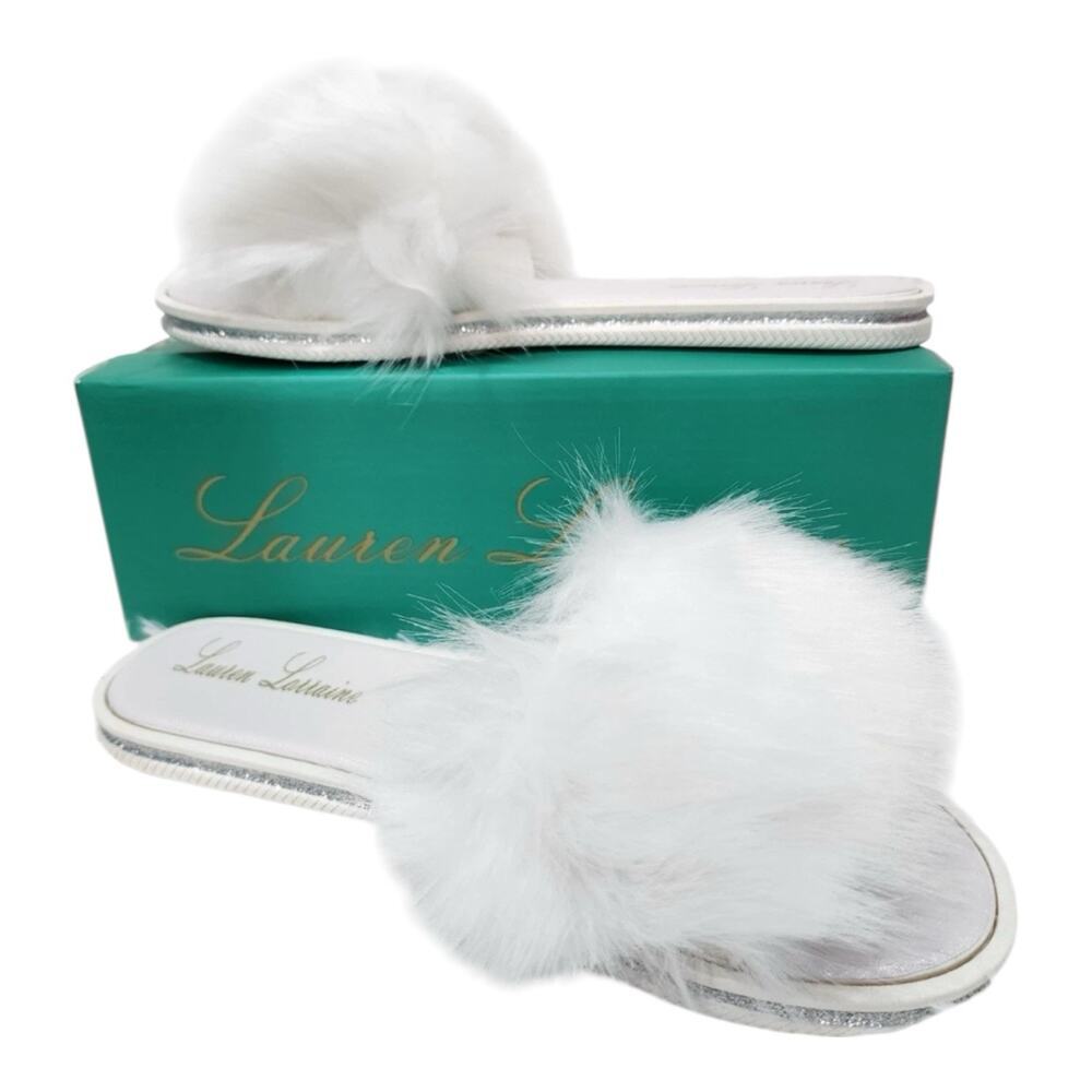 New Lauren Lorraine Womens S / 6 Fluffy White Faux Fur Flat Slides/Sandal